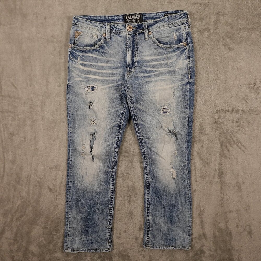 Salvage jeans Mayhem Straight men's 34R light blue denim distressed modified hem